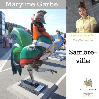 Le Coq de Sambreville déguisé en marcheur de l'entre Sambre et Meuse.